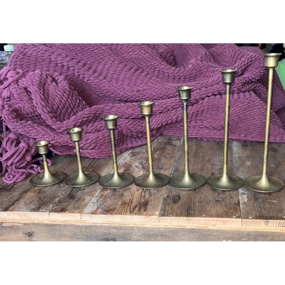 Vintage Graduated Brass Candlesticks Set of 7 Ascending Height Taper Holders